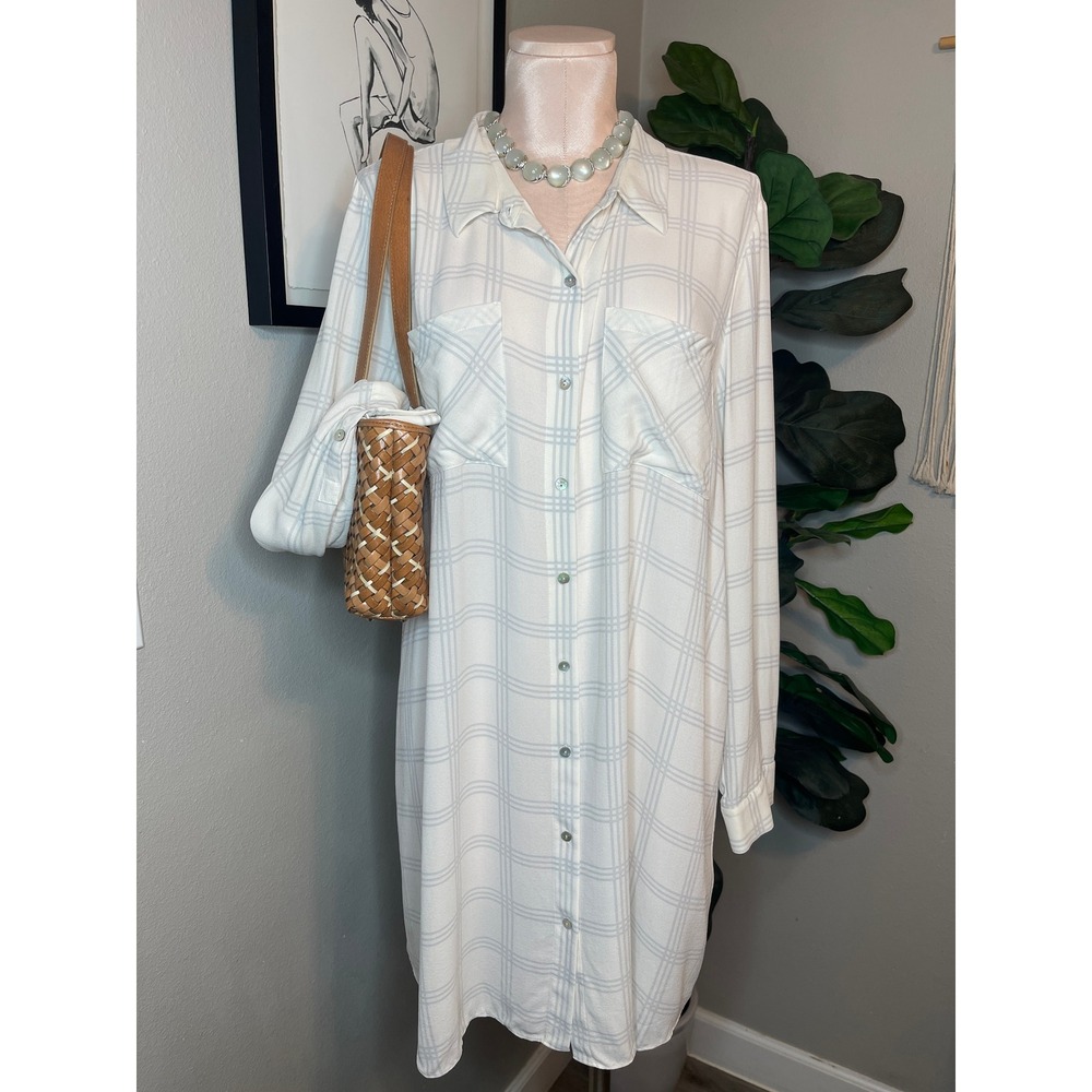 Eileen Fisher Shirt Dress 100% Silk Softwhite Windowpane Plaid Button Front XL